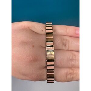 Gold Tone Pink Black Enamel‎ Striped Tile Stretch Bracelet Geometric